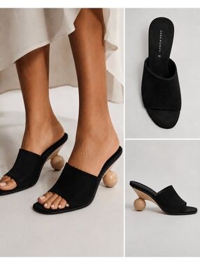 Zara Woman Black Suede Sculptural Wooden Ball Heel Mules EU 39 US 8.5